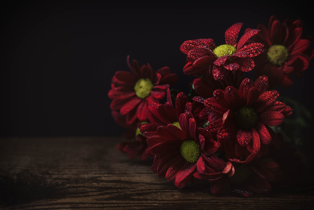 a bunch of red flowers sitting on top of a wooden table