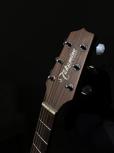 A close-up view of a wooden guitar headstock with six tuning pegs, labeled with the brand name 'Takamine'. The lighting highlights the texture and grain of the wood, while the background remains dark, creating a contrast.