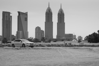 A clean, modern rental car parked in front of a cityscape.