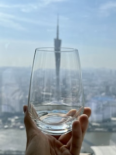 A clear glass is held up by a hand against a background of a city skyline with a tall, distinctive tower. The focus is primarily on the glass, while the skyline and tower appear blurred, creating a depth effect.