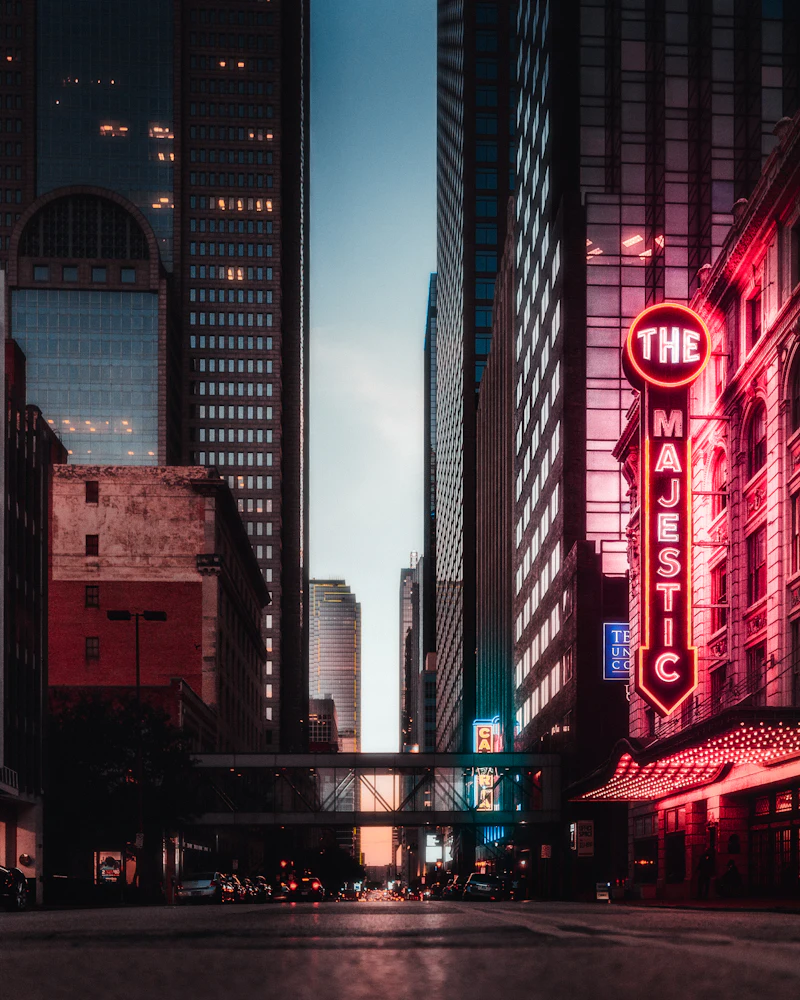 The Majestic Theatre marquee at dusk on Elm Street, downtown Dallas