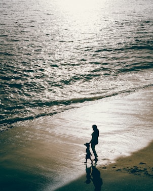 a woman and a child are standing on the beach