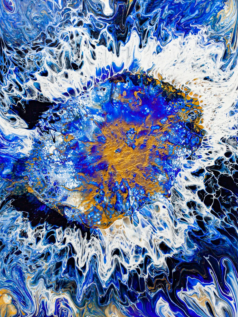an abstract painting with blue and yellow colors
