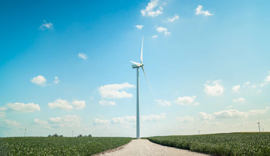 Technician inspecting a wind turbine control system in a green field.