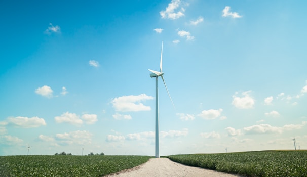 A large wind turbine stands in the center of a green field under a clear blue sky with scattered white clouds. A gravel path leads towards the turbine, surrounded by vegetation, and additional turbines can be seen in the distance.