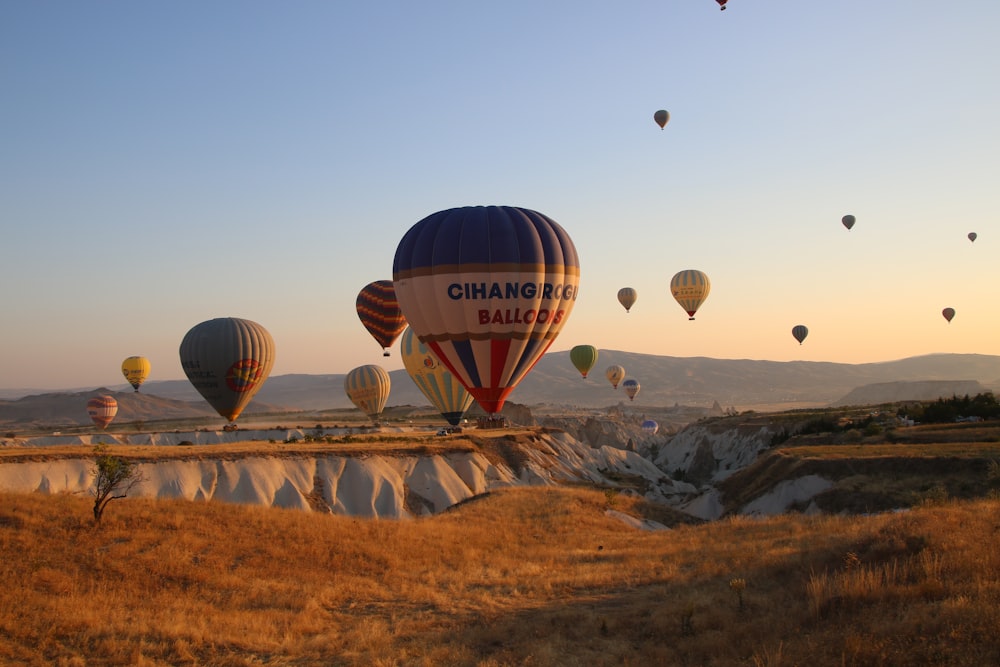 a bunch of hot air balloons flying in the sky