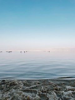 A tranquil beach scene with people enjoying the sun.