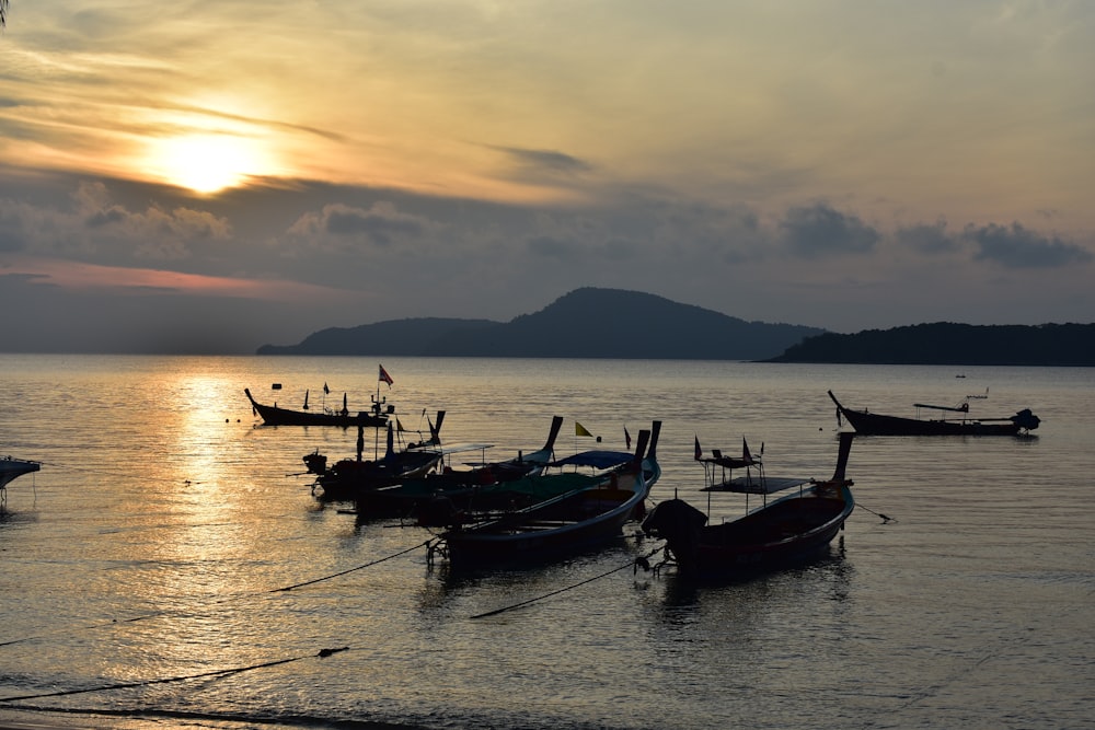 a group of boats floating on top of a body of water