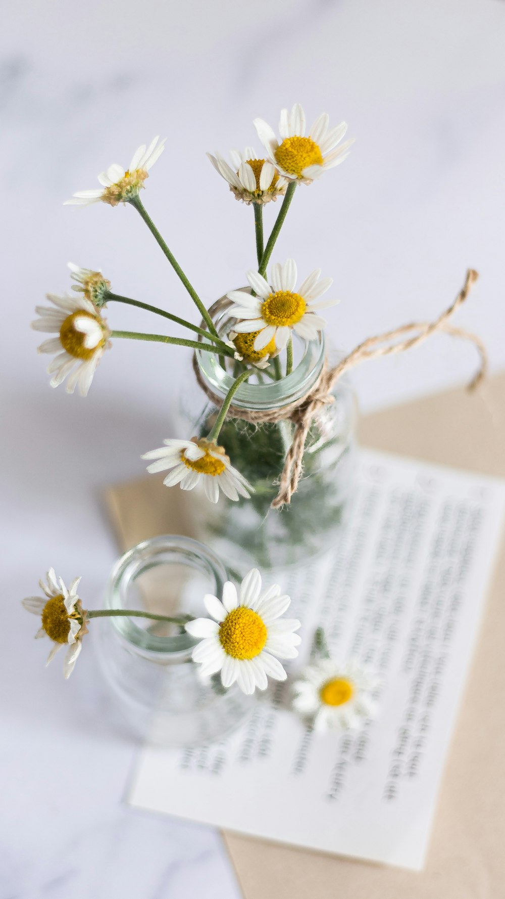 daisies in a mason jar with a note
