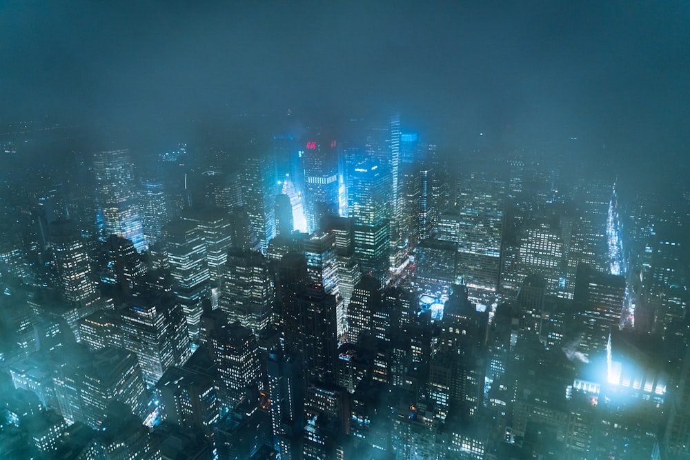 an aerial view of a city at night