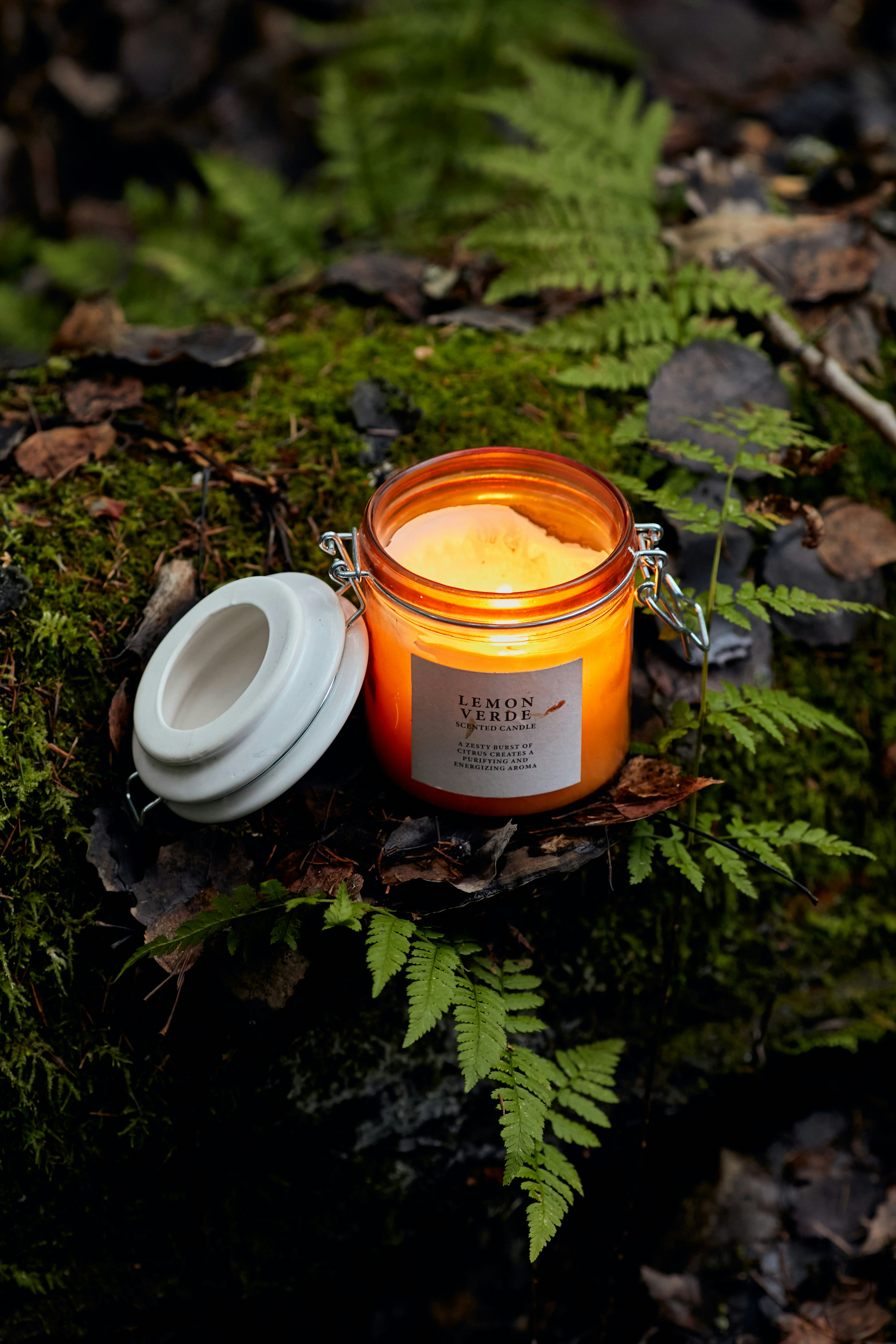 a candle sitting on top of a moss covered ground