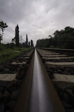 A close-up of railroad tracks stretching into the distance under a moody sky.