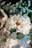 A detailed arrangement of flowers featuring predominantly white and blue tones. The central focus includes a large white chrysanthemum with a yellow center surrounded by smaller bright blue flowers and greenery, including eucalyptus leaves. The arrangement is complemented by lace and ribbon accents, creating a delicate and fresh appearance.
