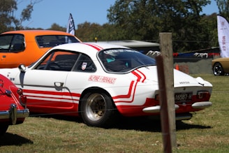 A classic Alpine Renault car with a white body and red stripes is parked on a grassy area. In the background, other vintage cars are visible, including an orange vehicle. Trees and banners can be seen surrounding the area, indicating a car show or gathering.