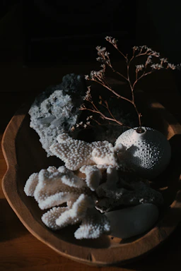 Elegant, small souvenir pieces arranged on a wooden surface with soft, natural lighting highlighting their fine textures.