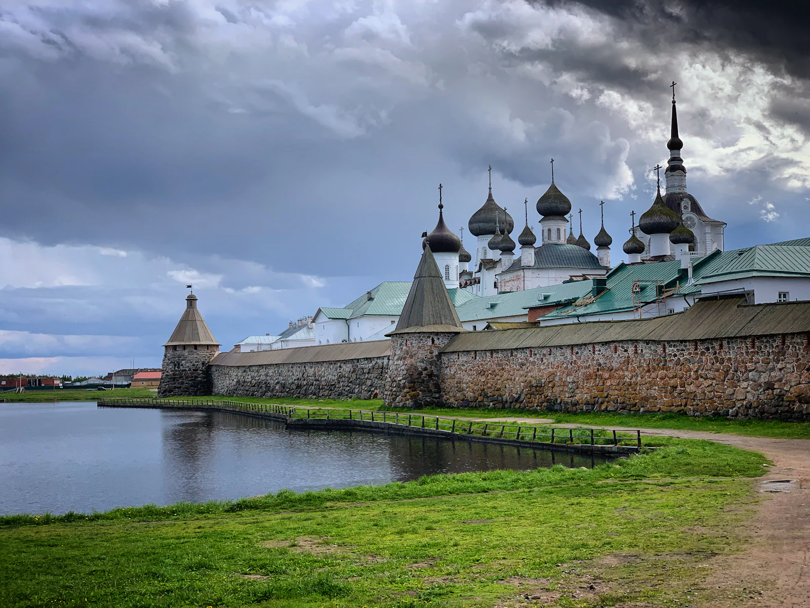 The Solovetsky Monastery’s walls and domes across the lake — Solovetsky Islands, Russia