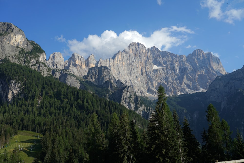 a view of a mountain range with trees in the foreground