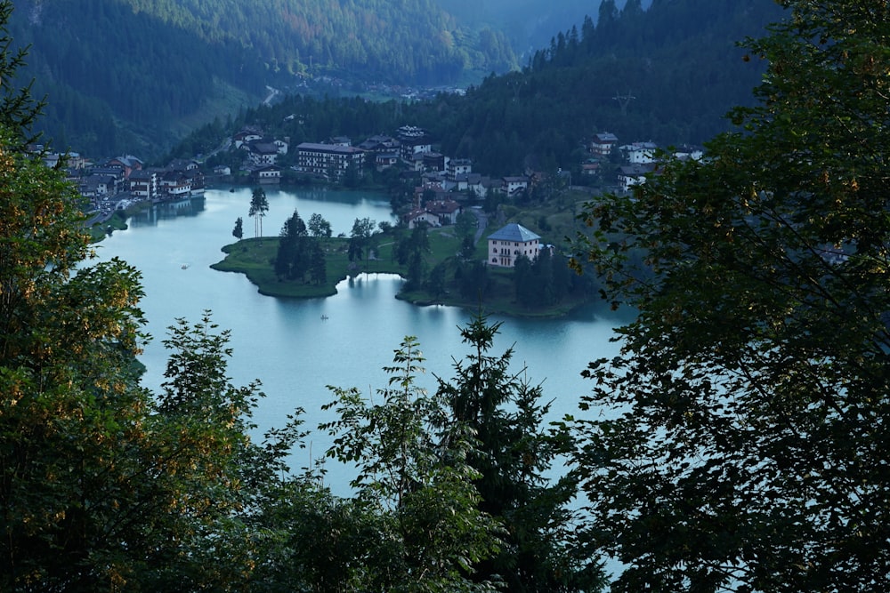 a view of a lake surrounded by trees