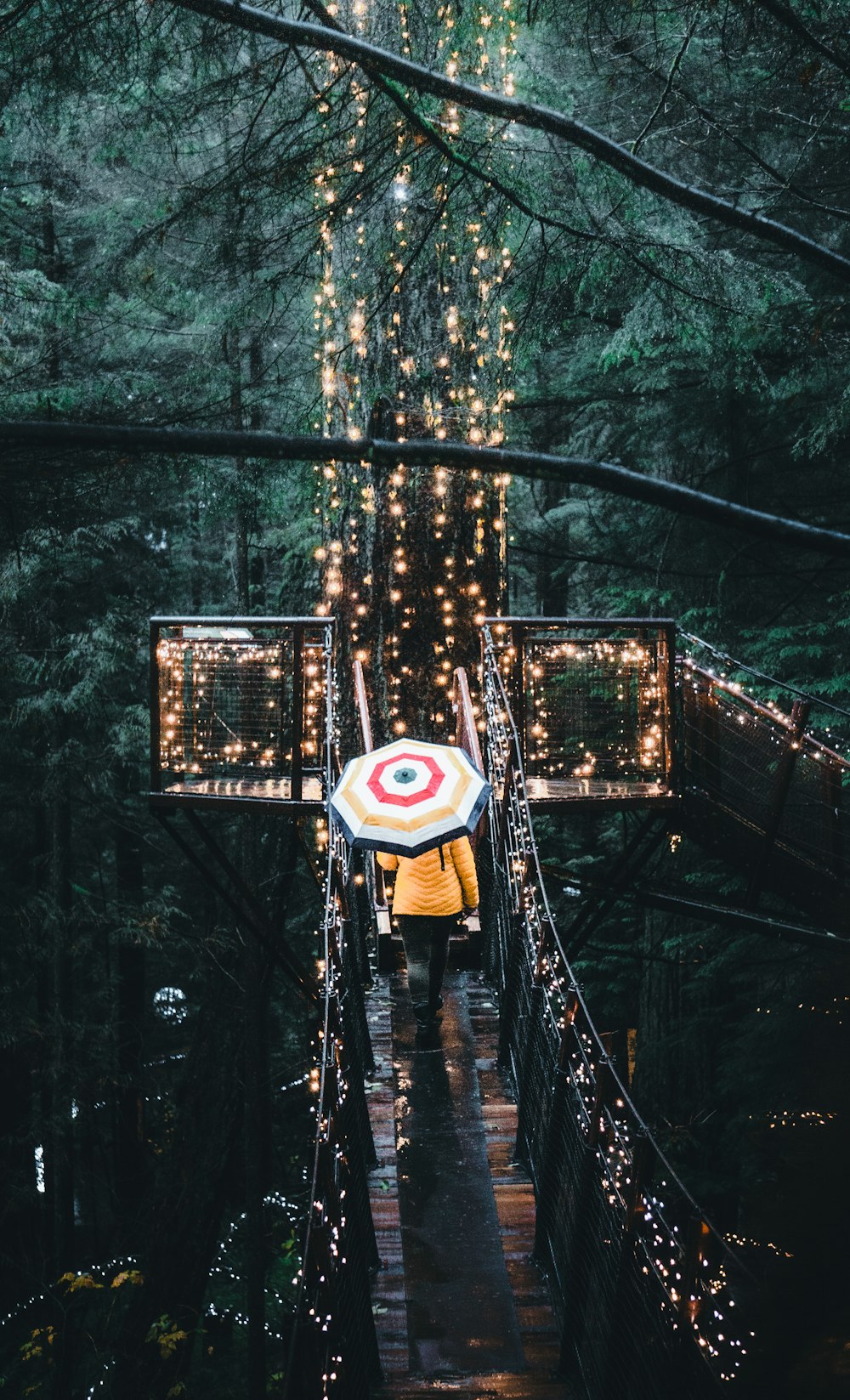 a person walking across a bridge holding an umbrella