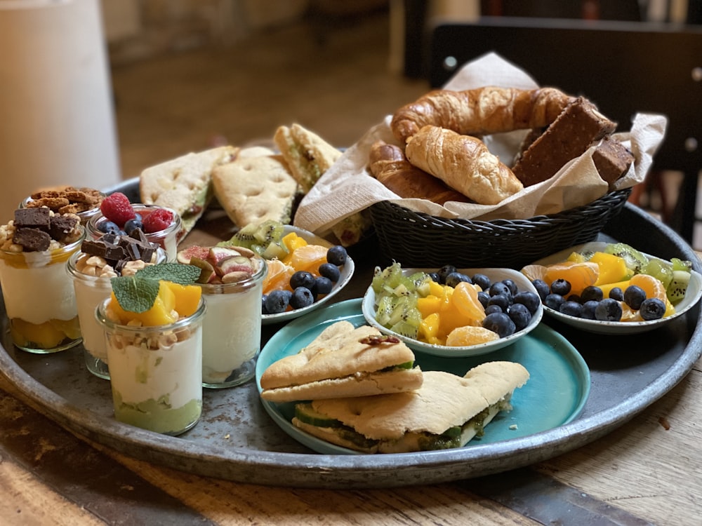 a tray with a variety of food on it