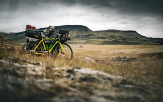 a yellow and black bike parked in a field