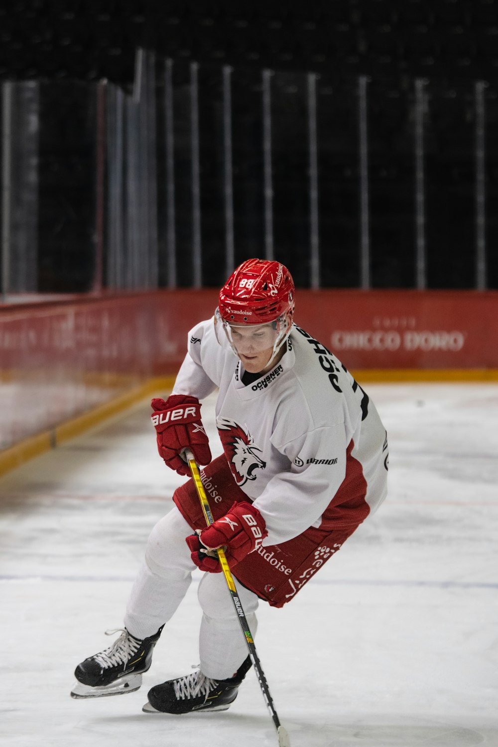 a person on a ice rink with a hockey stick