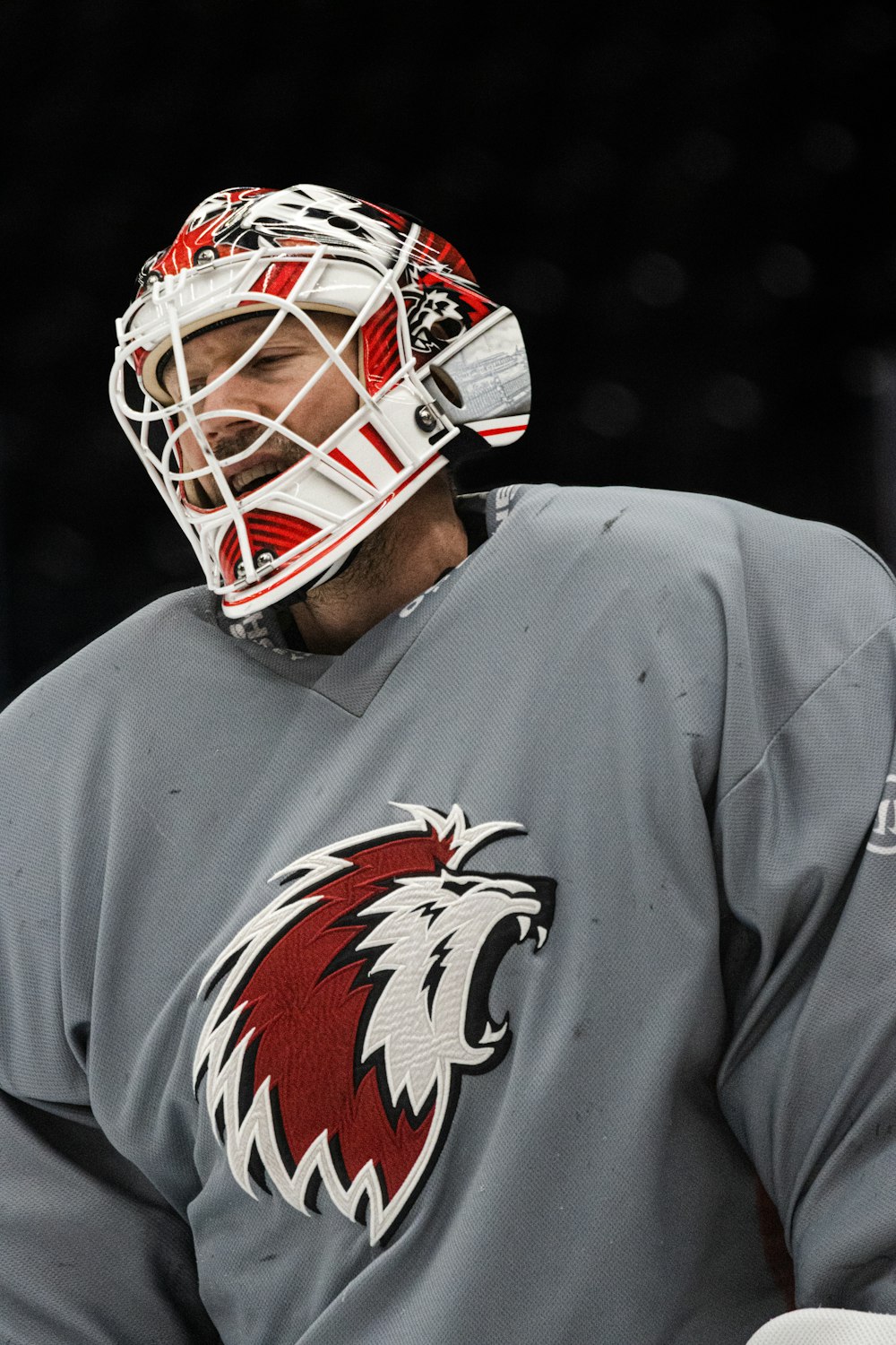 a close up of a hockey goalie wearing a mask