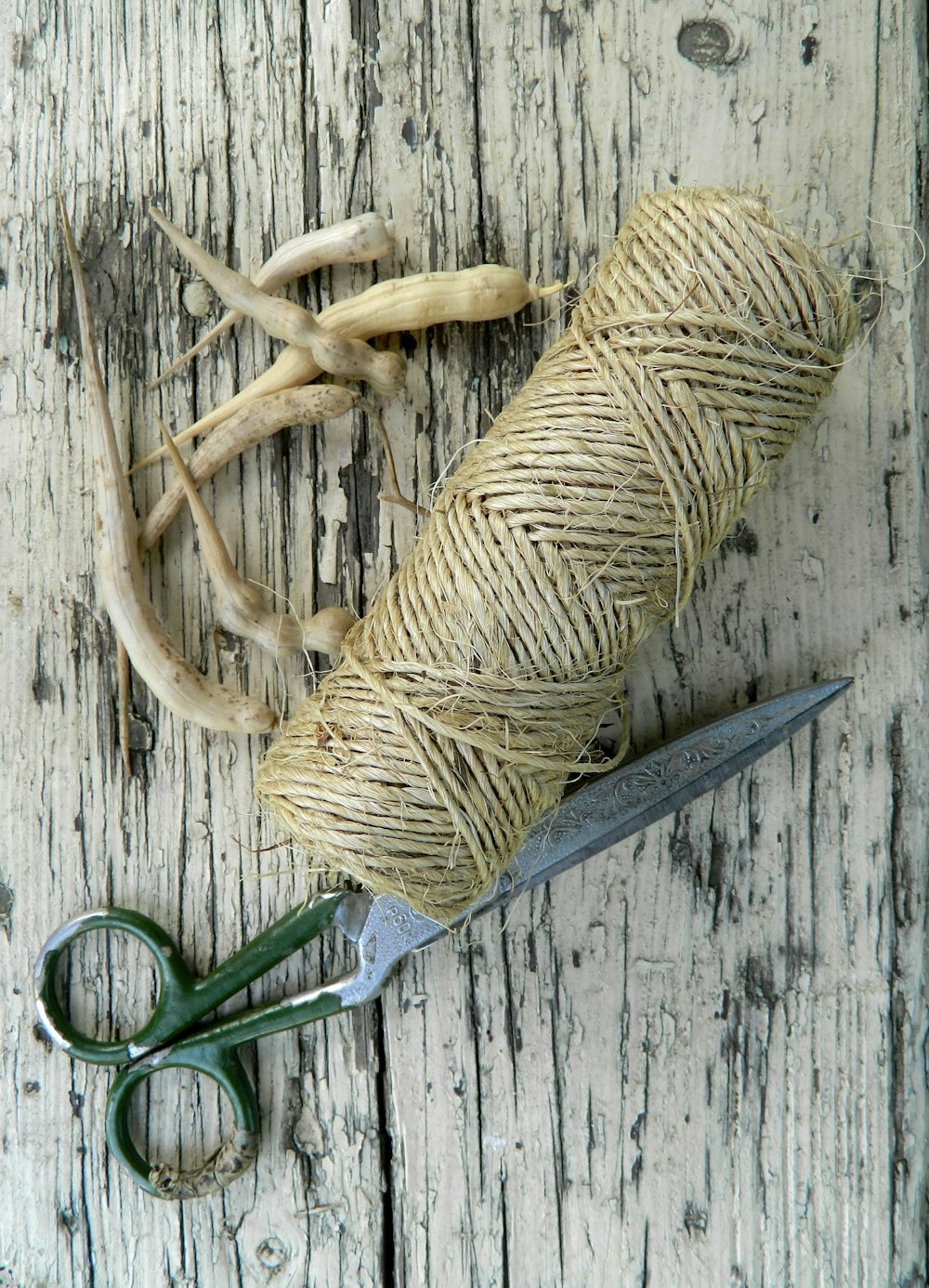 a spool of twine next to a pair of scissors