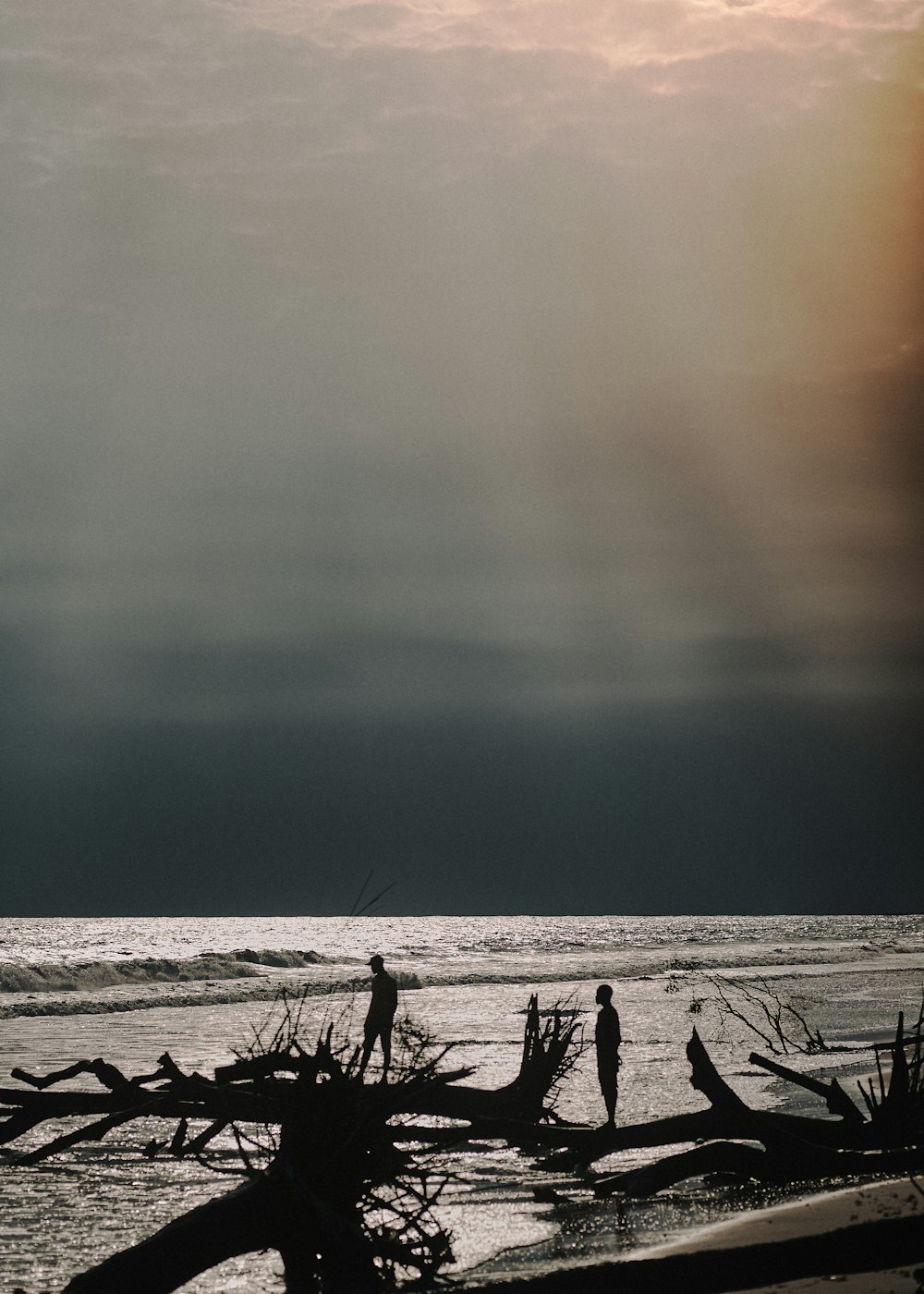 a couple of people standing on top of a beach