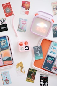 a white table topped with lots of different items