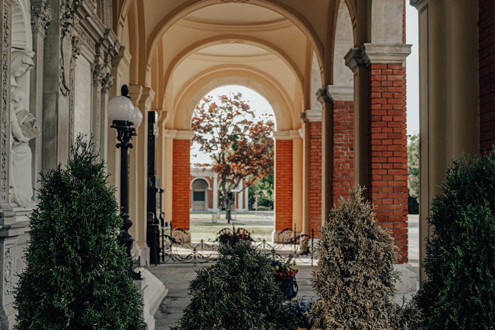 an archway leading to a building with a clock on it