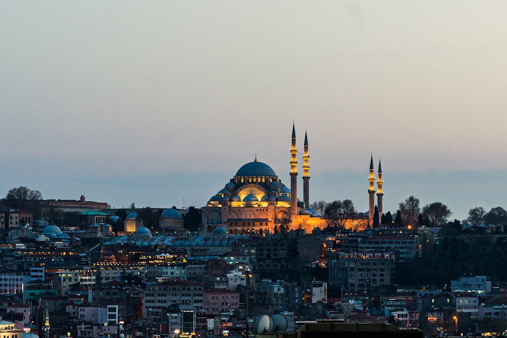 a view of a city with a large building in the background