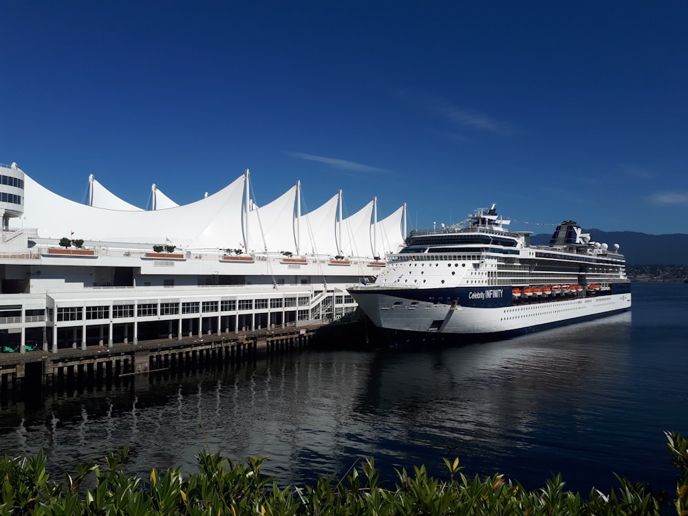 a large cruise ship docked at a pier