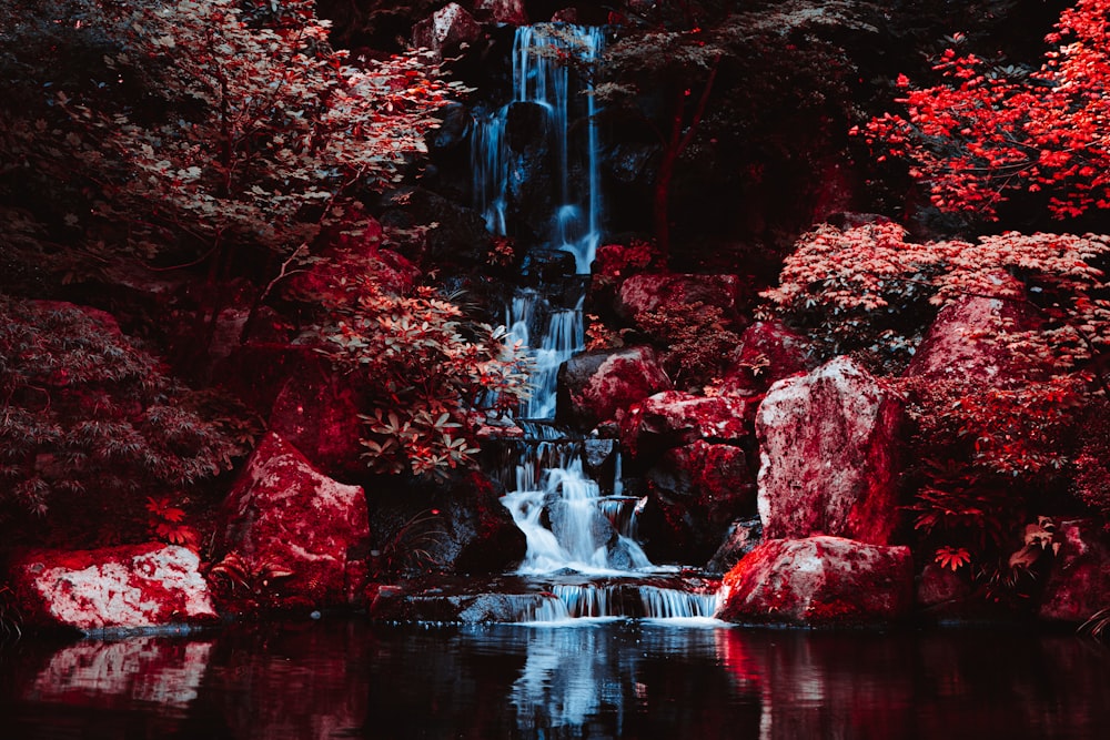 Una cascata nel mezzo di un lago circondato da alberi