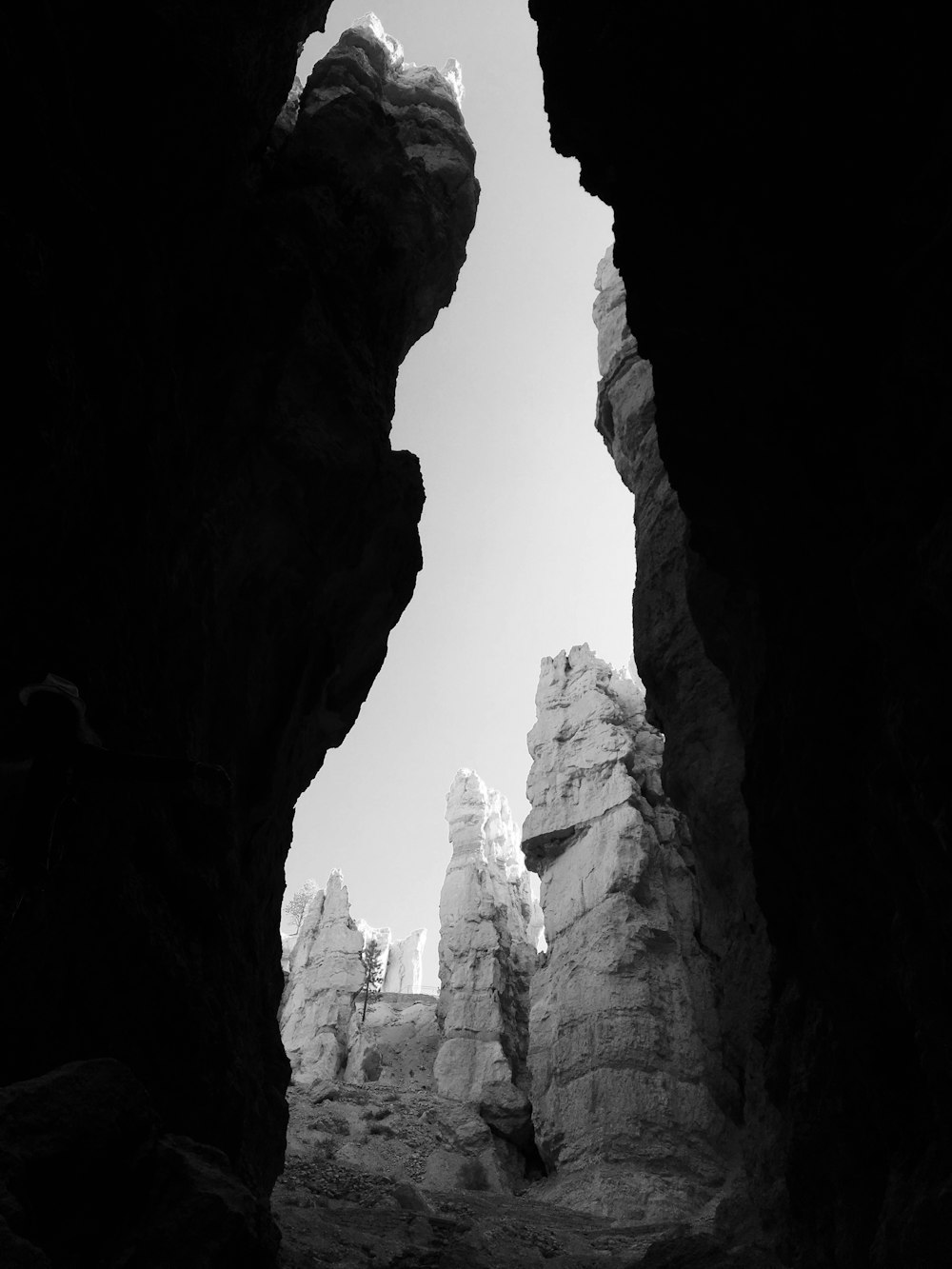 a black and white photo of a rock formation