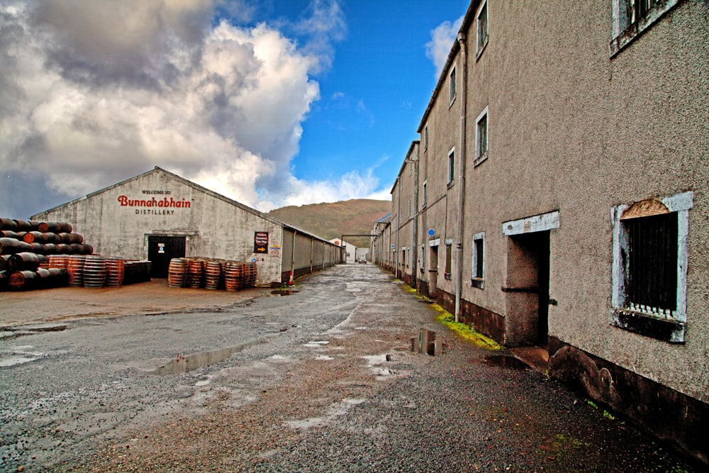 a building with a bunch of barrels in front of it