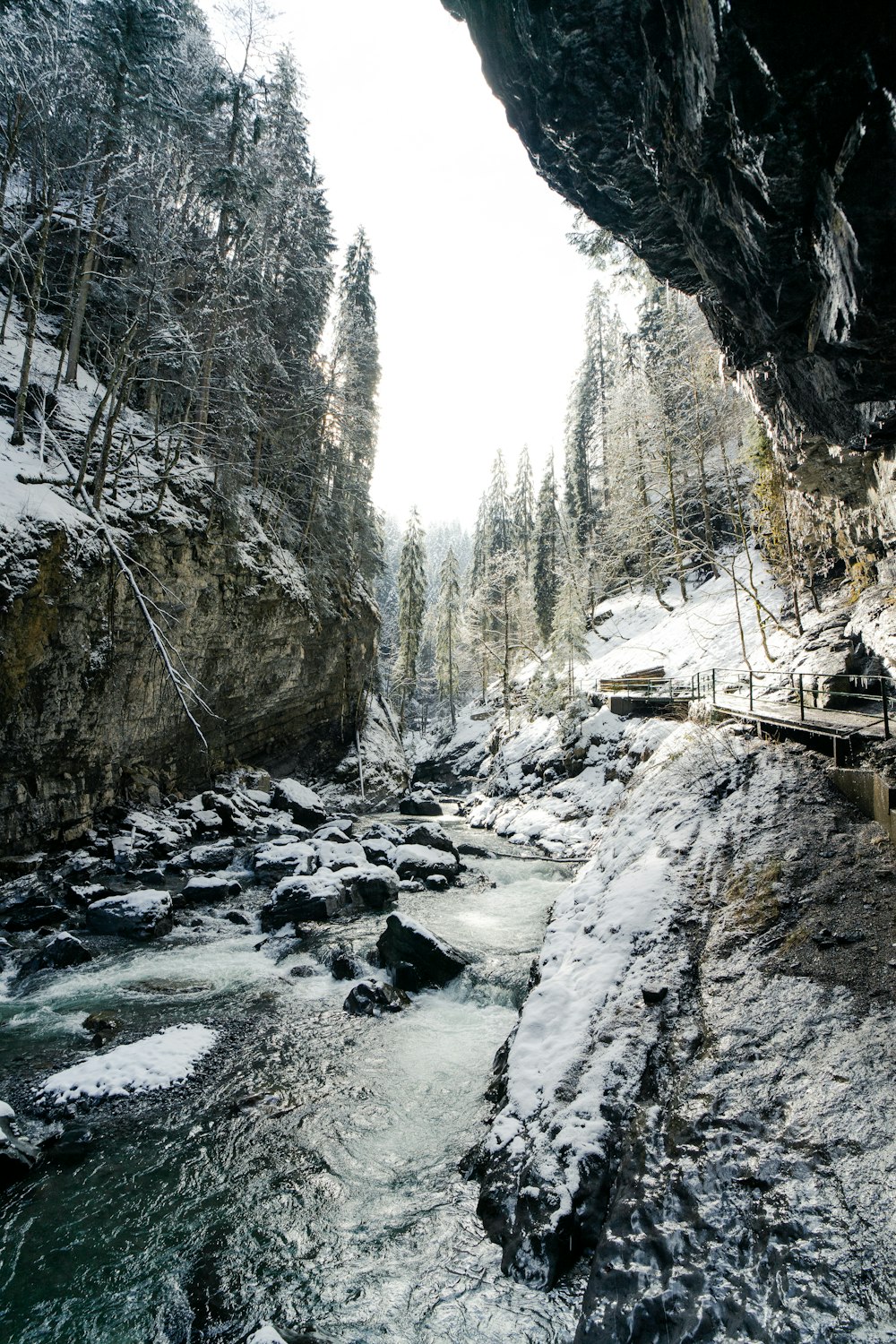 ein Wasserfall mit Bäumen an der Seite eines schneebedeckten Hangs