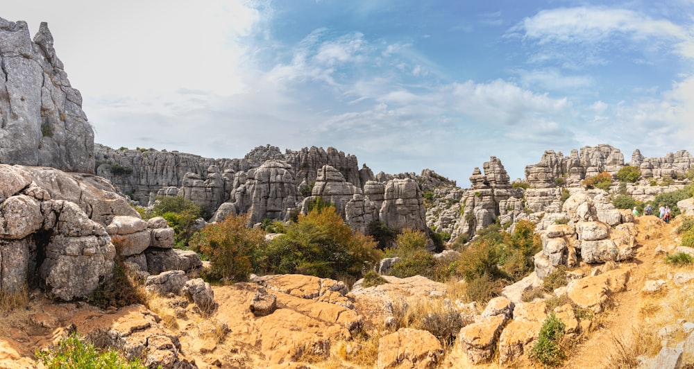 a rocky landscape with a blue sky in the background