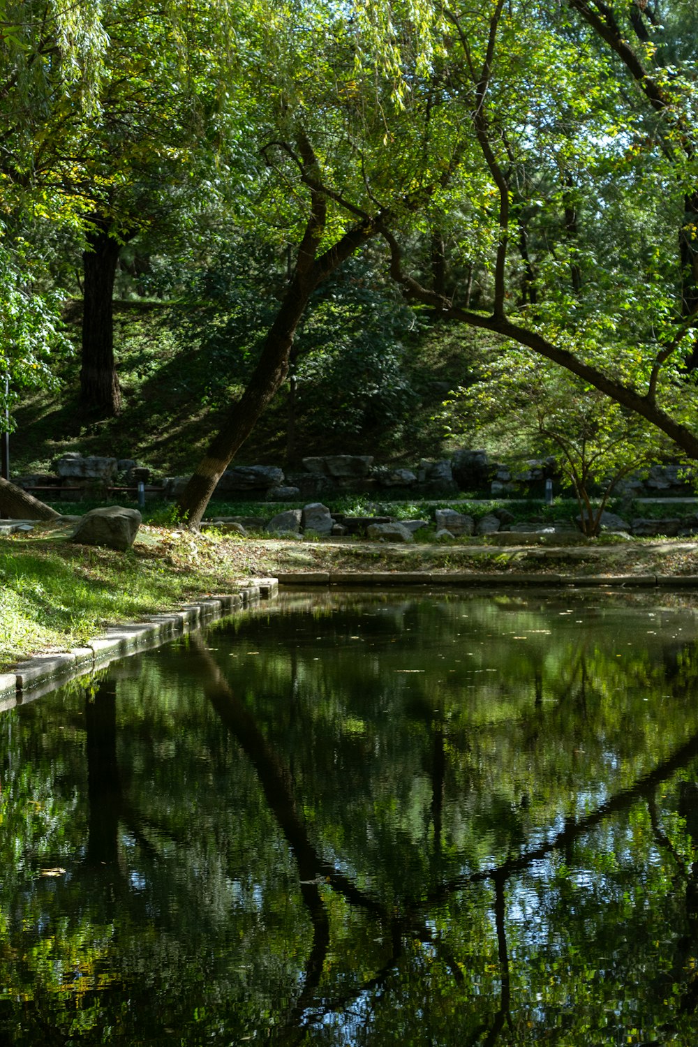 a pond surrounded by trees and a stone wall