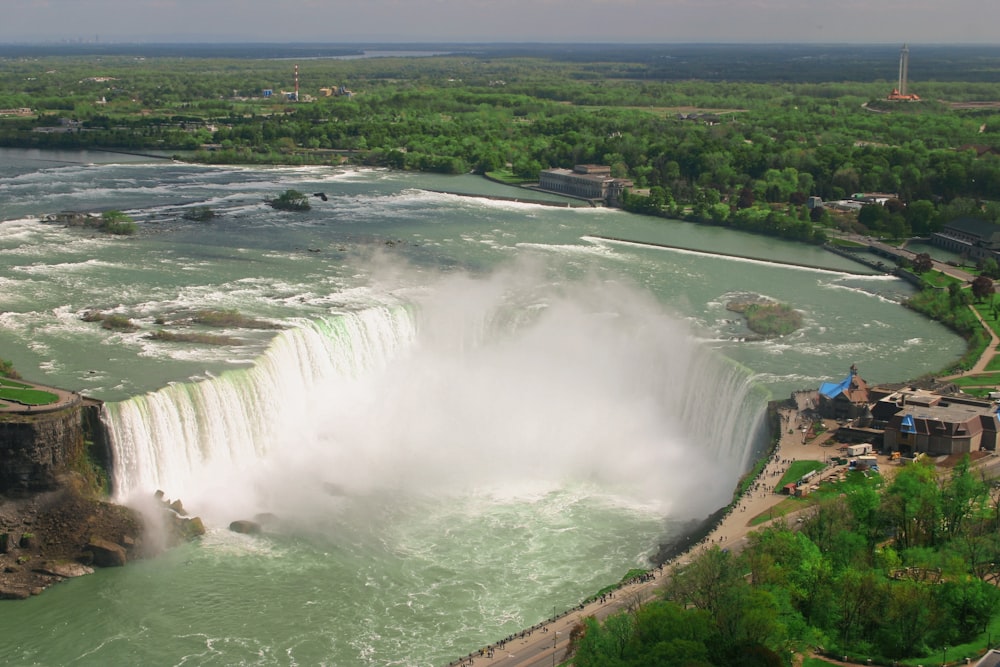 a view of a waterfall from a helicopter