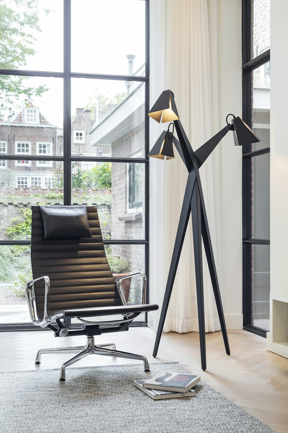 a chair and a lamp in a room