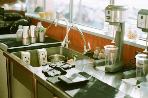 Close-up of a sparkling clean kitchen countertop and sink.