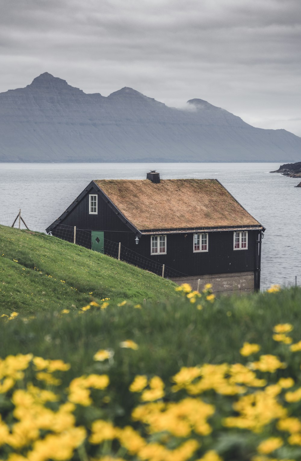 a house with a thatched roof sitting on a hill next to a body of