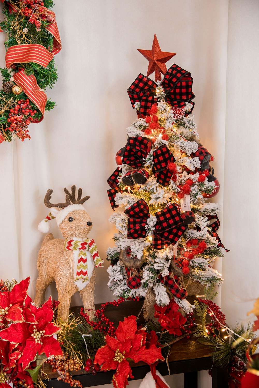 赤と白のポインセッティで飾られたクリスマスツリー