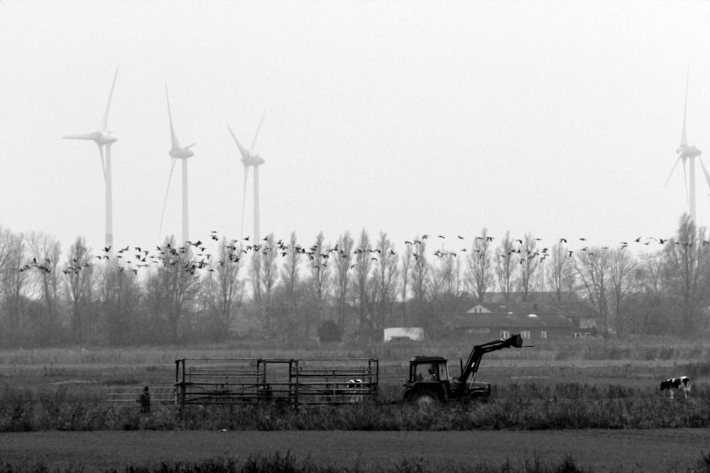 Una foto en blanco y negro de una granja con molinos de viento en el fondo