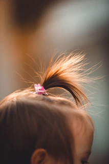 A close-up of a child's head with fine, light brown hair tied up in a small ponytail, secured with a pink butterfly hair clip. The background is softly blurred, creating a warm and gentle atmosphere.