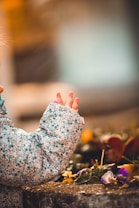 A child's hand is partially visible, wearing a floral-patterned winter jacket. The hand appears to be reaching out towards a colorful assortment of flowers, with vibrant purples and yellows, growing near a stone surface. The background is softly blurred, creating a warm, inviting bokeh effect.