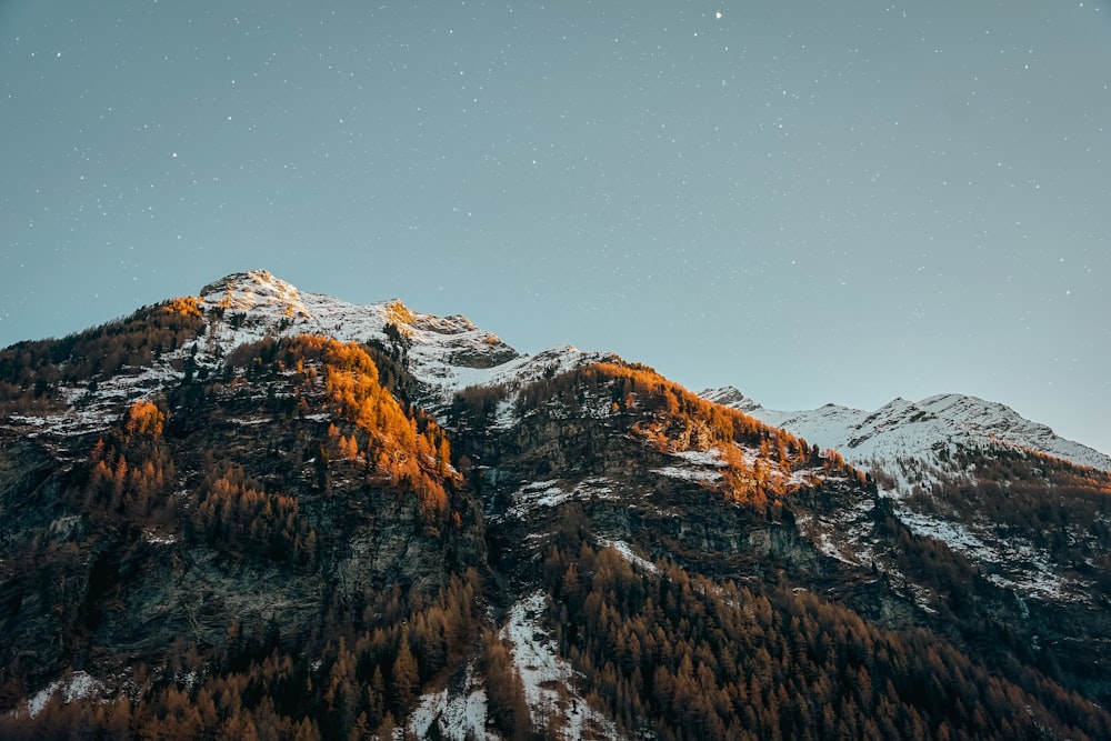 a mountain covered in snow under a star filled sky