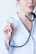 a woman in a white shirt holding a stethoscope