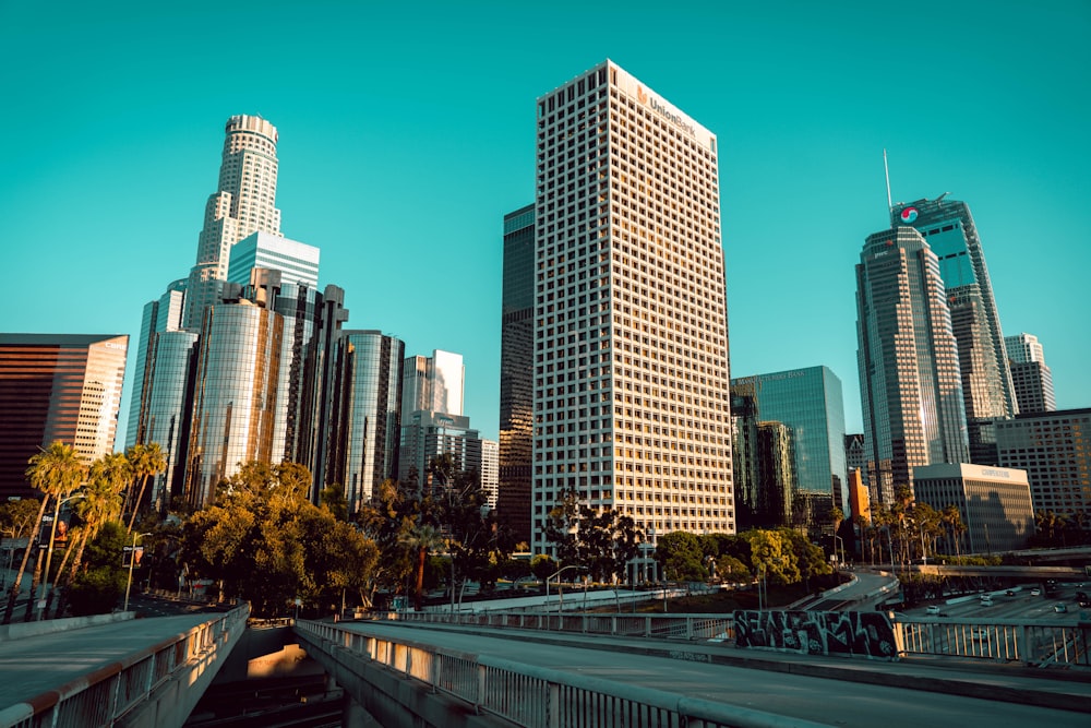 a view of a city with tall buildings in the background